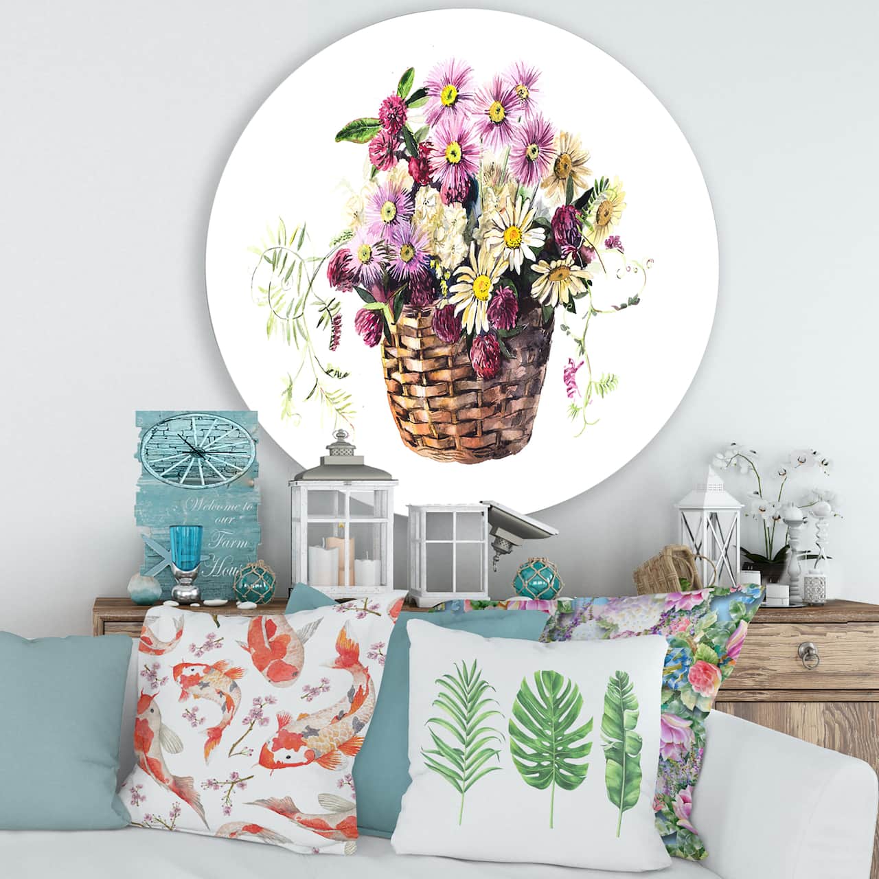 Designart - Bouquet From Meadow Flowers In The Basket - Traditional Metal Circle Wall Art